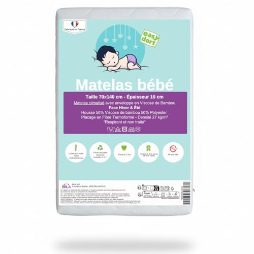 Easy Dort Matelas 70x140 cm Climatisé Double Face Hiver & Été, Épaisseur 10 cm, Déhoussable, Fabriqué en France