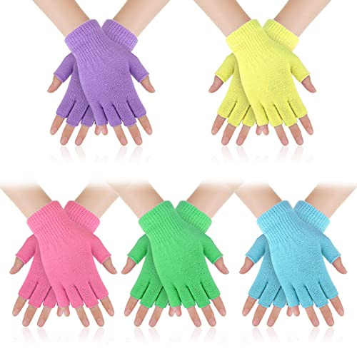 Jeere 5 Pairs Thermal Fingerless Winter Half Finger Gloves - Warm Knit Typing Mittens for Unisex Women Men Ladies Girls Boys