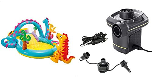 Intex Centro Juegos Hinchable Dinos, 333 x 229 x 112 cm, 280 l, 57135 & 66634 - Inflador eléctrico con adaptadores 220-240V, Color Amarillo