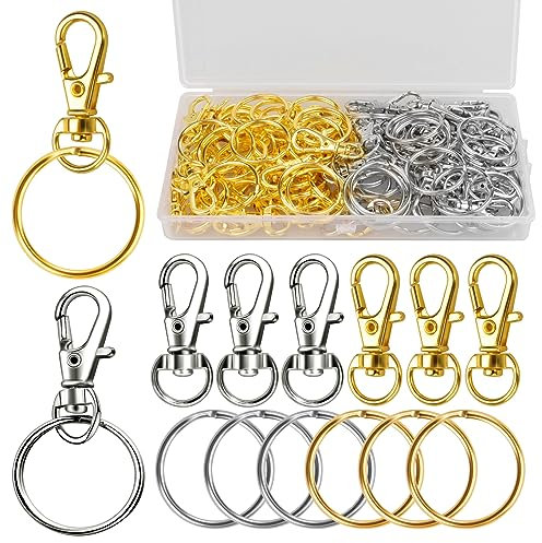 100 Stück Schlüsselringe Karabinerhaken Klein Schlüsselanhänger Drehgelenk Karabiner Edelstahl mit Kunststoffbox Schlüsselanhänger Machen Basteln(Silber+Golden)