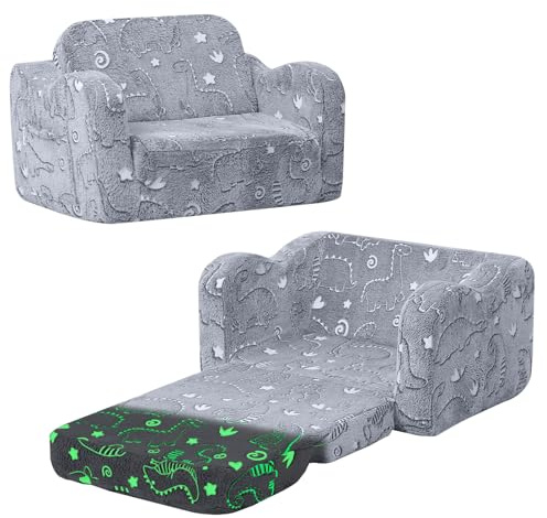 MeMoreCool Sofá Plegable para Niños, Sillón Cama de Felpa Suave que Brilla en la Oscuridad, Cómodo Sillón Reclinable para Bebés, Dinosaurio Brillante