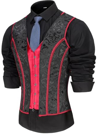 HUAMYTH Chaleco de corsé para hombre, con cordones, para moldear los huesos, vestido vintage, estampado, formal, ajustado, para bodas, Estampado negro y rojo mixto, Medium