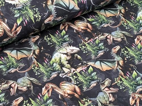 EP Bio Baumwolljersey Dinosaurier Dinos Rex auf Dunkelgrau Stoff Meterware Kleiderstoff