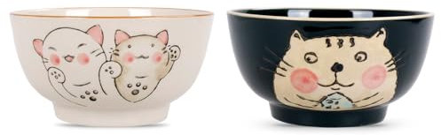 CoolChange Lindo cuenco de arroz japonés | pintado a mano | 2 piezas | cuencos asiáticos | decoración: gatos