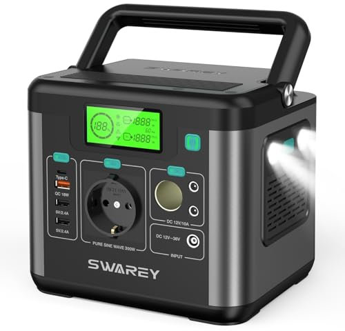 SWAREY Generador Solar Portátil, 222Wh Estación de Energía, Salida de CA de 300W (Pico de 600W), Puerto USB-C de 65W, Batería Externa para Camping, Viajes, Pesca, RV