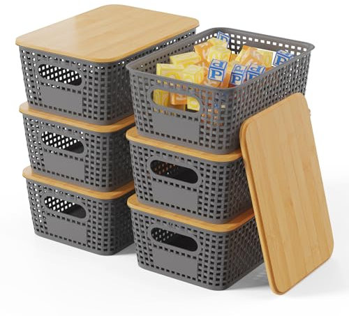 Shrivee 6PCS 5L Cajas Almacenaje con Bambú Tapa Apilables Cesta de Almacenamiento para Baño Armarios Cocina Storage Ropa Zapatos Juguetes (Gris)
