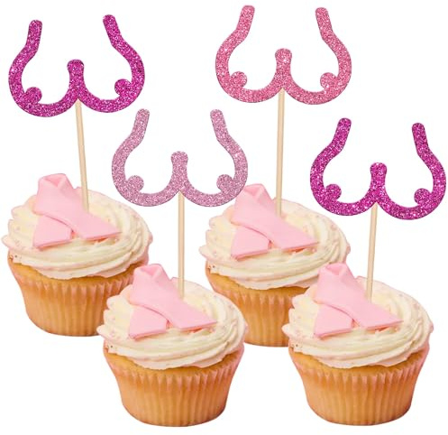 Xsstarmi Paquete de 24 adornos para magdalenas de concienciación sobre el cáncer de mama, con purpurina, decoración de magdalenas para mujeres, decoración de magdalenas para temática de mama, amor,
