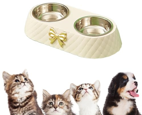 Ciotole doppie per cani e gatti di piccola taglia, in acciaio inossidabile, antiscivolo, per cibo e acqua per animali domestici con design a fiocco, rimovibili e facili da pulire, piatti durevoli (B)