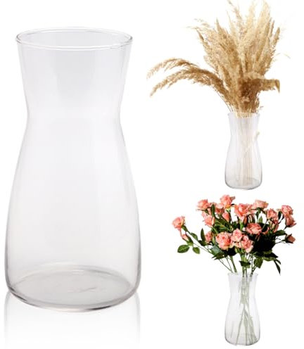 Gohytal Glass Vase 20cm, Clear Flower Vase for Living Room, Home, Office or Wedding, Clear Flower Jug Pampas Decor Simplistic Gifting Flowera Tulip Rose, Rustic Décor for Farmhouse (Transparent)