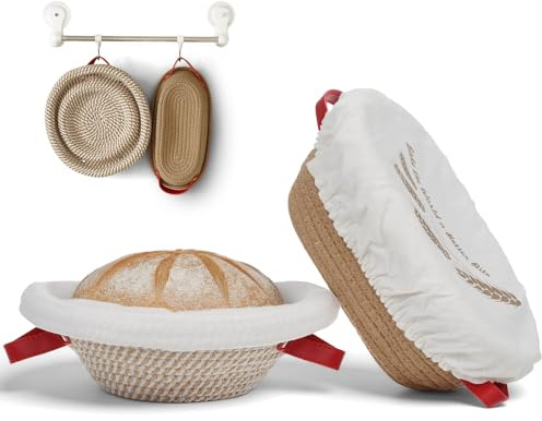 VONATES Bread Proofing Basket Set, 9 Round Cotton Rope Bowl + 10 Oval Cotton Rope Bowl with Liner and Cover, Sourdough Starter Kit Gift for Home Bakers