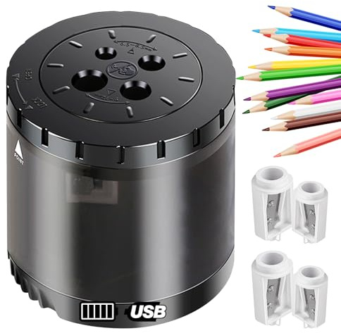 ARPDJK PRO Taille-crayon Électrique Usb Et Batterie 4 Trous Réglables Pour Crayons De 6 À 12 Mm, 4 Lames De Rechange Taille Crayon Automatique Grande Capacité, Noir