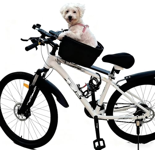 Dog Bike Basket – Bicycle Pet Carrier with Quick-Release Mount, Safety Tether & Metal Wire Frame – Front Bike Basket for Small Dogs & Cats, 34×23×18 cm, up to 25 lb(Under 15 pounds)