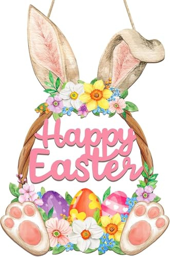 IHLOOTD Ghirlanda Pasquale in Legno Ghirlande di Pasqua Decorazioni Pasquali da Appendere Corona Fuoriporta Pasquale per Porte d'ingresso, Pareti, Finestre (A)