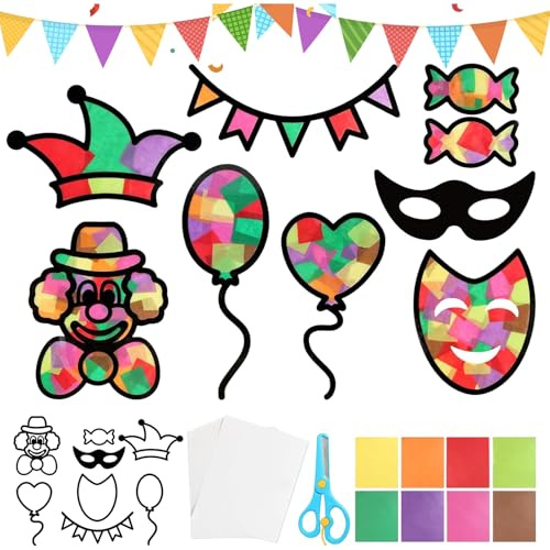Set di 24 immagini per finestre di carnevale, maschera da clown, motivo caramelle, finestre, decorazione per finestre, circo, set creativo colorato per ragazzi e ragazze