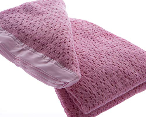 Snugglemore Pure Wool Cellular Blanket Lightweight Luxury Satin All-Round Border (Double 230 x 230cm, Pink)