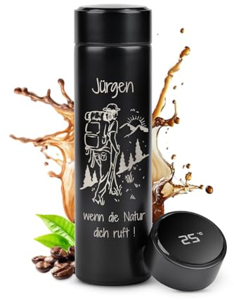 Maverton Thermobecher Kaffeebecher 450 ml - Isolierbecher personalisiert - 100% dicht - Led Temperatur Anzeige - aus Edelstahl - Geschenk für Männer - Weihnachtsgeschenke - schwarz - Naturruf