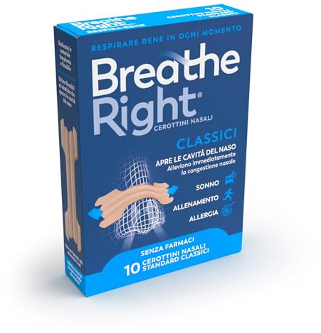 Breathe Right Cerottini Nasali Classici Standard - Strisce elastiche per apertura narici - Allevia Congestione Nasale da Raffreddore, Allergie, Russamento - Senza Medicinali - Confezione da 10 pezzi