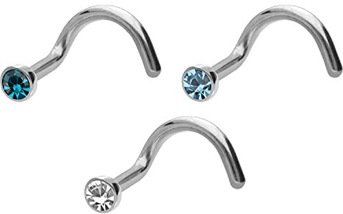 PIERCINGLINE 3er SET Titan Nasenpiercing Spirale 1mm silberfarben flache Kristalldisc Nostril Piercing Nase Stecker