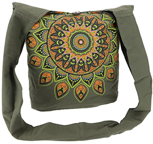 GURU SHOP Bestickte Boho Tasche, Schulterbeutel mit Mandala, Nepalbeutel - Olivgrün/lemon, Herren/Damen, Baumwolle, Size:One Size, 33x37x20 cm, Alternative Umhängetasche, Handtasche aus Stoff