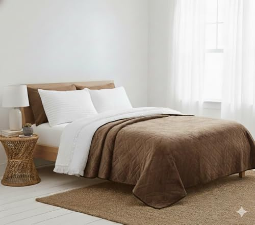 HaraDeco-Manta para Cama 150/160 de Borrego Sherpa, Acolchado Relleno Ligera, Manta Franela Termosellado Reversible Elegante para Regalo, Invierno, Entretiempo(Café, 225x260cm)