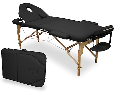 QUIRUMED Camilla de Masaje Plegable de Madera WELLCORE, con Respaldo abatible, Plus, 185 x 65 cm, Polipiel, Altura Regulable, Cabezal extraíble, Agujero Facial, Color Negro, hasta 225 kg