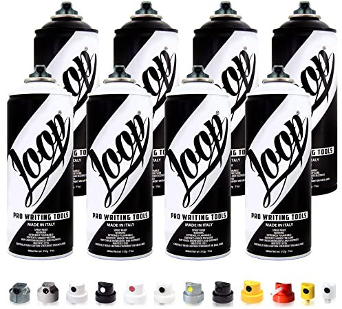 Betterrun LOOP Sprühdosen Set - Schwarz Weiß - 8 x 400ml + 10x Sprühaufsätze/Graffiti Spray Cans von Loopcolors