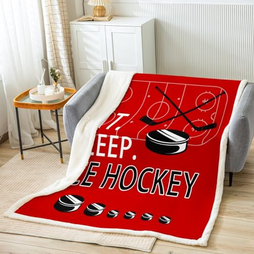Feelyou Ice Hockey Plush Blanket Winter Sports Fleece Throw Blanket for Boys Girls Children Red Sherpa Blanket Room Decor Puck Hockey Fuzzy Blanket for Sofa Bed Couch,Twin 60x80 Inches