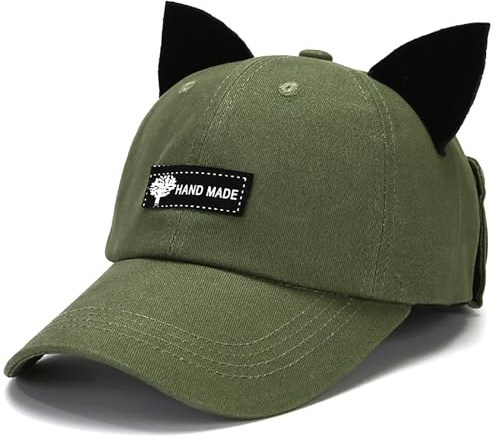 XYIYI Cappello da pilota retrò con orecchie da gatto, berretto, occhiali da sole, berretto da baseball, maschera hip hop, per donne e, Verde militare, Taglia unica