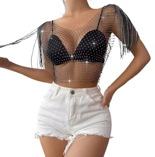 LEEQ Brillante Rhinestone Malla Cuerpo Cadena Tops - para Mujeres Brillante Bikini Crop Top para Discoteca Fiesta Festival, para Mujeres y niñas