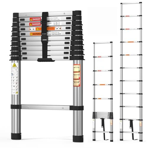 Escalera telescópica 3,2m/10,5FT,Escalera Extensible Ligera de Acero Inoxidable con Bloqueo automático,Pies Antideslizantes,Carga 150kg/330lb,Escalera Multiusos para el hogar y el Exterior