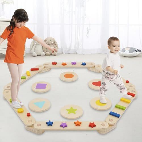 Barre di bilanciamento in legno con pietre di bilanciamento, per interni ed esterni, adatte per bambini, combinabili liberamente, montessori Balance Boards, Ginnastica Ostacolo Corso giocattolo per