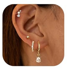 FIOROYAL 4Paar Piercing Ohr Gold,14K Gold Gefüllte Ohrringe Set für Mehrere Ohrlöcher,CZ Tropfen Creolen Ohrringe für Damen,Helix Piercings Medizinische Ohrstecker Gold