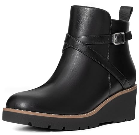Athlefit Women's Wedge Ankle Boots Fashion Black Platform Lug Sole Buckle Short Booties with Side Zipper Size 8