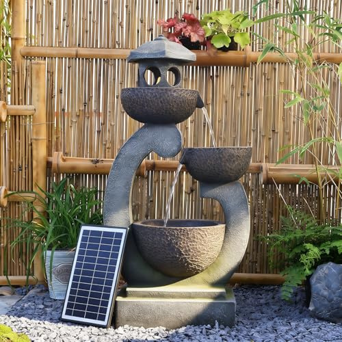 Bumilgar Solar Water Fountain Outdoor Zen Feature - Garden Fengshui Freestanding Cascade Pagoda Waterfalls Fountains Bowl with LED Lights & Pump for Patio Yard Porch, Gray, 90 cm
