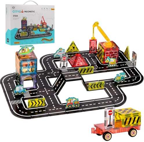 NATTHSWE Bloques Magnéticos de Construcción para Niños 3 4 5 6 7 8 9 10 11 12 Años, Set de Carretera 80 Piezas con Coche, Piezas Grandes 7.5cm, Juguete Educativo Stem Regalo Cumpleaños