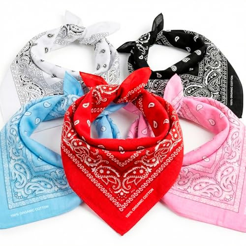 AURAE Bandana – 100 % bomull och naturliga fibrer – polyesterfri huvudduk – hög kvalitet, mjuk, hållbar och tvättbar – bandana för män och kvinnor – unisex och barn, Blandad svart, blå, rosa, röd och