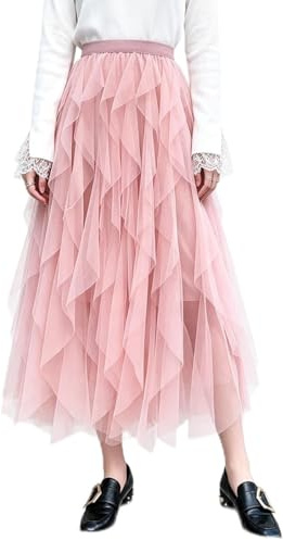 Femiserah Women's Long Rainbow A Line Tulle Tutu Skirts Tiered Skirt Petticoat（One Size, Tulle Pink