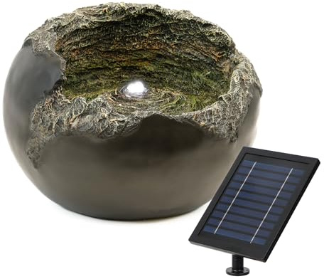 Gardenwize - Solar Powered Rock Bowl Water Feature with LED Light & Battery Backup – Garden Fountain for Patios, Decking & Outdoor Spaces (GW277)
