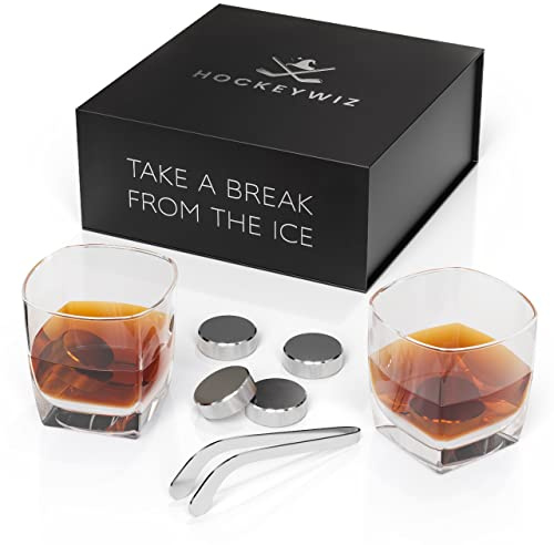 Whiskey Stone Set 7pcs | 4 Hockey Puck Whiskey Stones with Cooling Gel Interior | Hockey Stick Tongs, Elegant Glasses Gift Set | Father's Day Gift