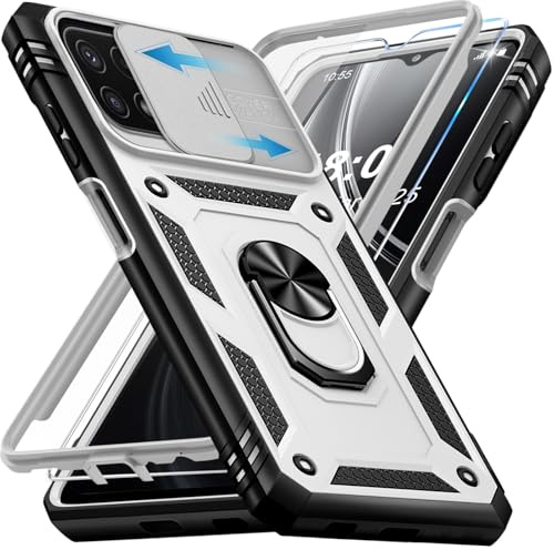 Giyer für Samsung Galaxy A22 5G Hülle mit Displayschutzfolie, Handyhülle A22 mit Kameraschutz Kartenschlitz 360° Metall Ring Ständer Stoßfest Bumper Schutzhülle Samsung A22 6.6 Case Cover (Weiß)