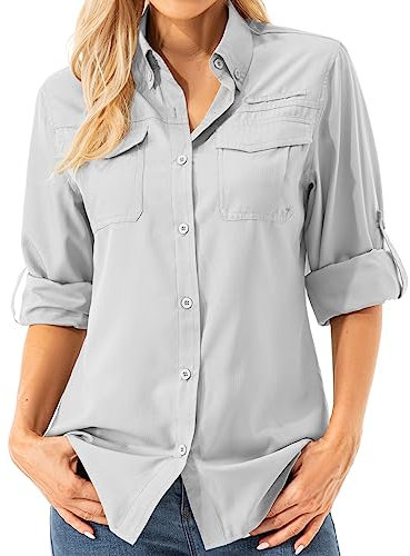 Asfixiado Chemise de randonnée aérée pour femme, manches longues, protection solaire UPF 50+, séchage rapide, parfaite pour le safari et les activités extérieures, gris, M