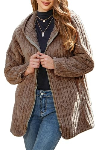 Vipwest Women's Sherpa Jacket Women Zip-Up Full Length Sleeve Comfy Plain Open Front Fluffy Cardigans Coats Outfit (Khaki, Medium)