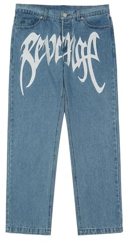 Baggy Jeans Herren Y2K mit Print Hip Hop Gerades Bein Gewaschene Jeans Vintage Pants Breite Hose mit Schrift Vorne Loose Fit Schwarz Jeanshose Hosen Freizeithose für Männer Jungs