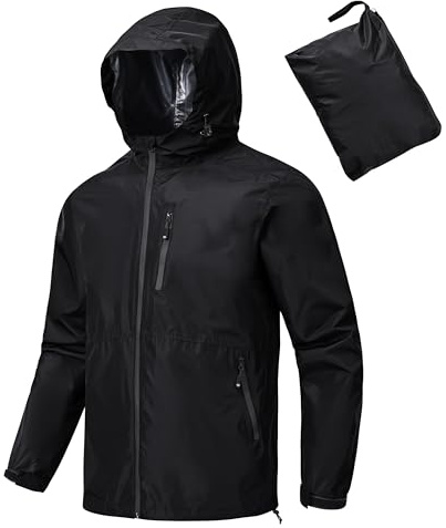 MoFiz Homme Vestes Imperméables Veste de pluie Pliable Légère Vêtements Imperméable Coupe-vent for Cyclisme Plein air Voyage Randonnée Course à pied Noir Taille EU 4XL
