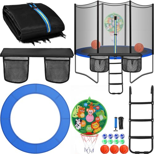 Gemscream Trampoline Accessories Kit, Trampoline Replacement Pad 14ft 6 Poles Safety Net 3 Step Ladder and Storage Bag 2 in 1 Basketball Hoop Dartboards (No Poles)