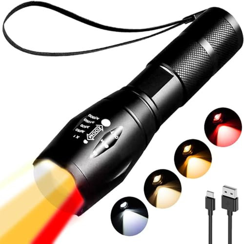 MODOAO 4 in 1 Torcia LED, Ricaricabile Rosso Giallo Ambra Bianca Torcia, 4 Modalità Fotografia Riempimento Luce, Zoomable Impermeabile Multicolore Torcia per Pesca, Campeggio, Escursionismo