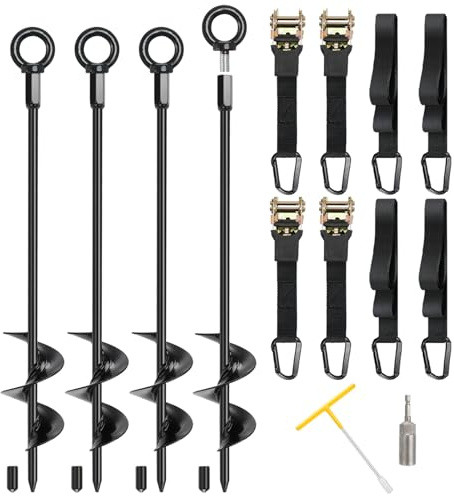 Fuuner Trampoline Anchors, 4 Pack 18 RV Awning Tie Down Kit with 4 Ratchet Straps, Heavy Duty Screw-in Stakes for Trampolines, RV Awnings & Swing Sets