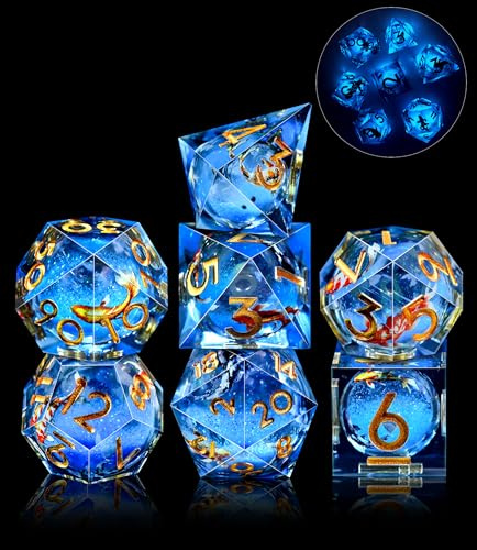 SIQUK 7 Piezas Juego Dados Poliedricos Con Nucleo Liquido Luminosos Dice DND Koi Fish D4 D6 D8 D10 D12 D20 D% para RPG MTG Dungeons and Dragons