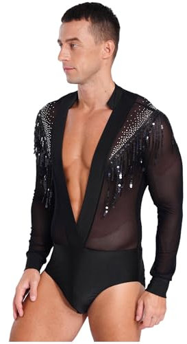 TiaoBug Herren Latein Body Langarm Hemd mit Tiefer V Ausschnitt Ballettanzug Transparent Ballett Trikot Pailletten Quaste Gymnastik Leotard Glänzend Kostüm Schwarz L
