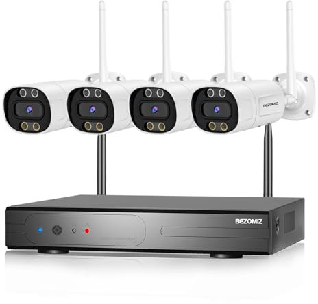 BEZOMIZ Kit Caméra de Surveillance WiFi Extérieure,3K 8CH NVR et 4Pcs HD Vidéo Surveillance avec Audio Bidirectionnel,détection de Mouvement et de Visage,Vision Nocturne,Alerte E-Mail,24/7,IP66(4PCS)